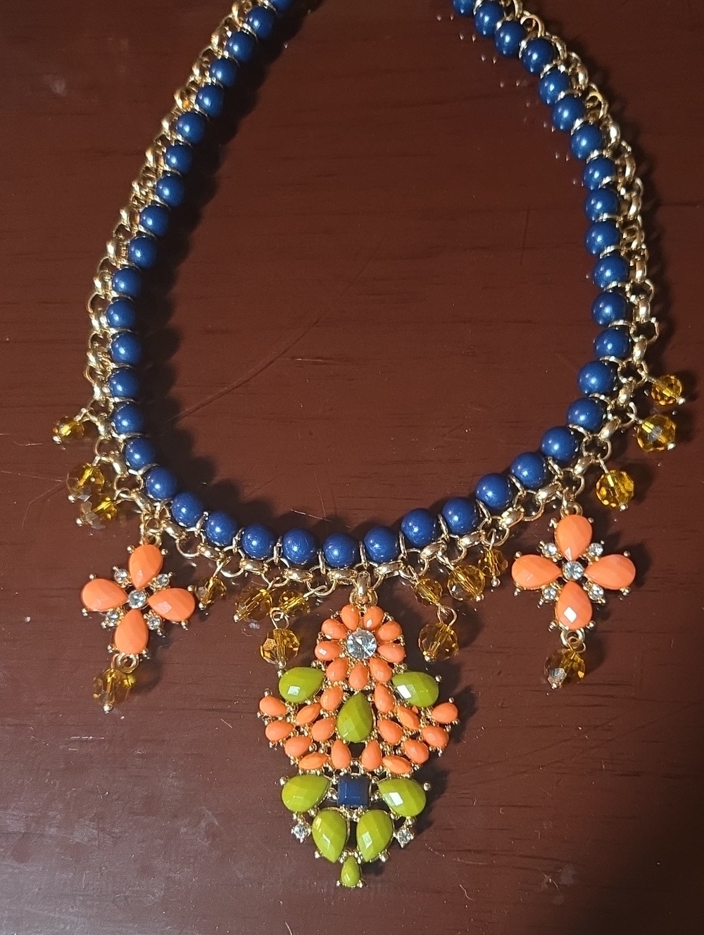 Vintage Blue Beaded Necklace with Coral and Lime Floral Drops